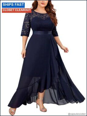 Plus Size Floral Lace Ruffle Maxi A Line Dress Long Sleeve Formal Bridesmaid